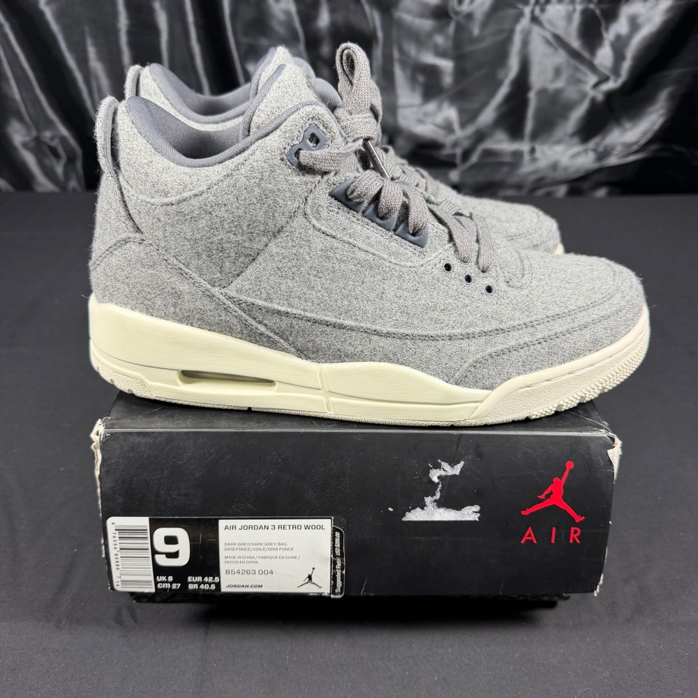 Air Jordan 3 Retro Wool Dark Grey Sail Mens Sz 9 854263-004 Basketball Shoes New